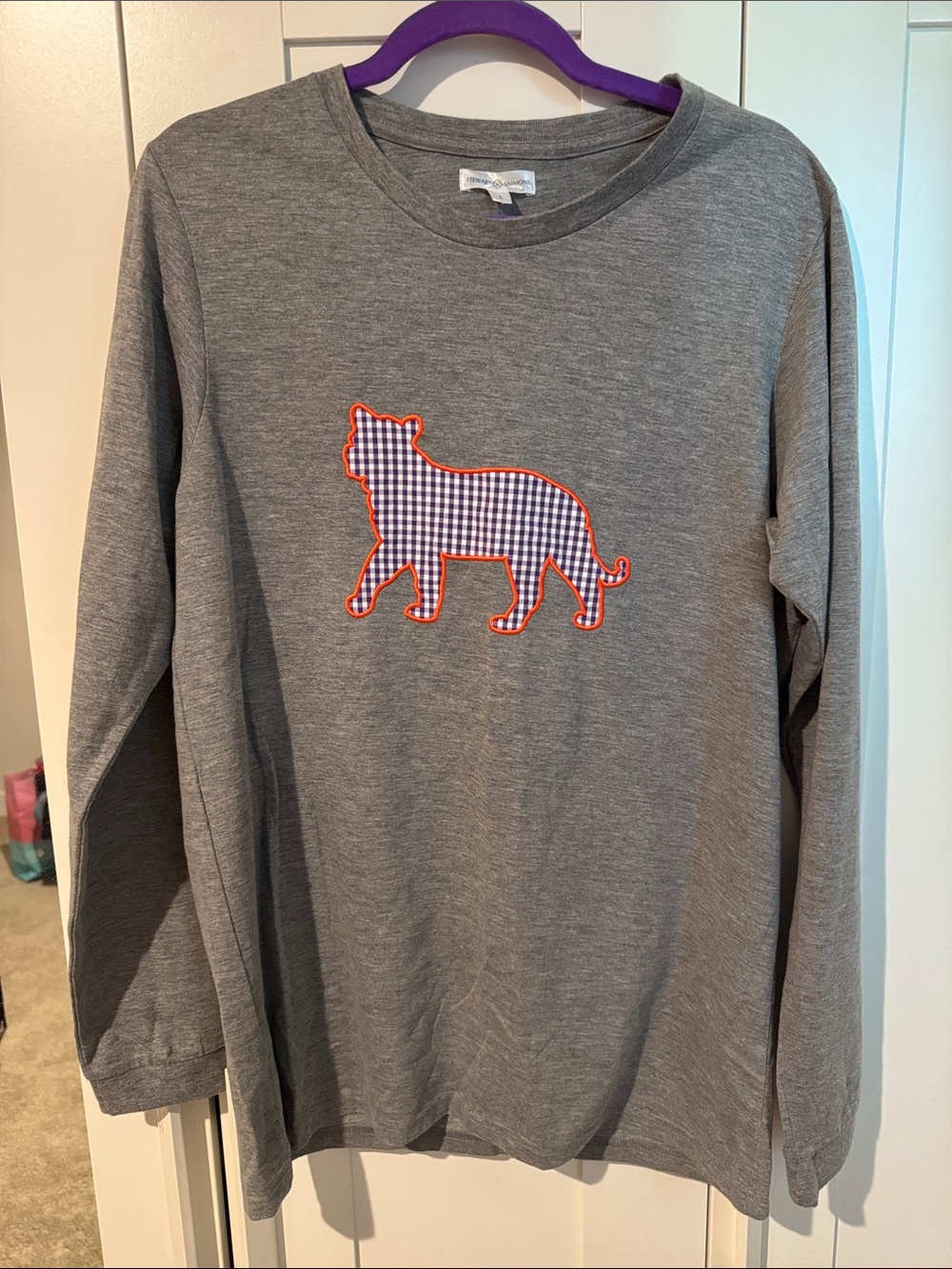 Gray Long-Sleeve Tee with Gingham Clemson Tiger Applique
